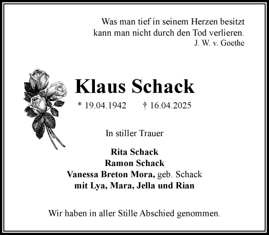 Traueranzeige von Klaus Schack von MARKT Bad Oldesloe/Reinfeld und Stormarner Tageblatt