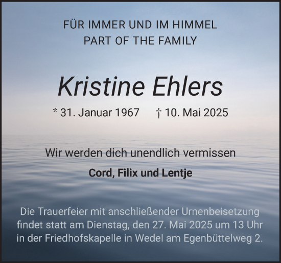 Traueranzeige von Kristine Ehlers von Wedel-Schulauer Tageblatt, tip Wedel-Schulauer Tageblatt, tip Rissener Rundschau