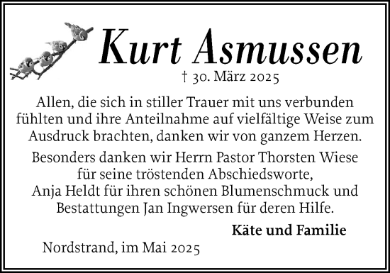 Traueranzeige von Kurt Asmussen von Husumer Nachrichten, Nordfriesland Tageblatt
