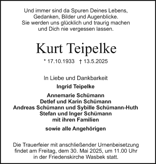 Traueranzeige von Kurt Teipelke von Holsteinischer Courier