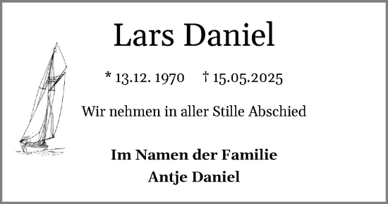 Traueranzeige von Lars Daniel von Eckernförder Zeitung, Hallo Eckernförde