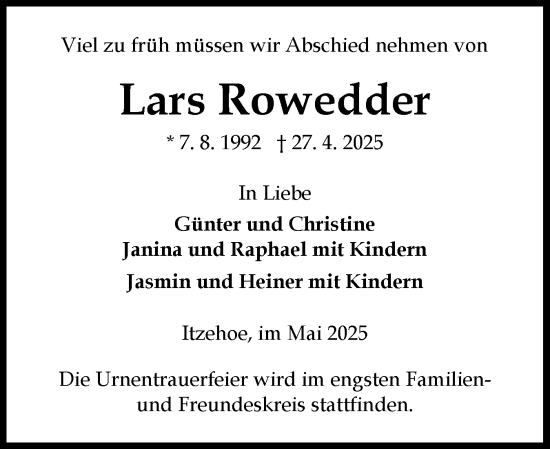 Traueranzeige von Lars Rowedder von Norddeutsche Rundschau, Wilstersche Zeitung, Glückstädter Fortuna