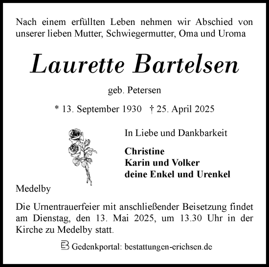 Traueranzeige von Laurette Bartelsen von Region Flensburg