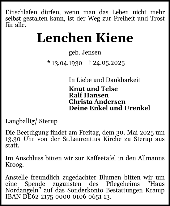 Traueranzeige von Lenchen Kiene von Flensburger Tageblatt