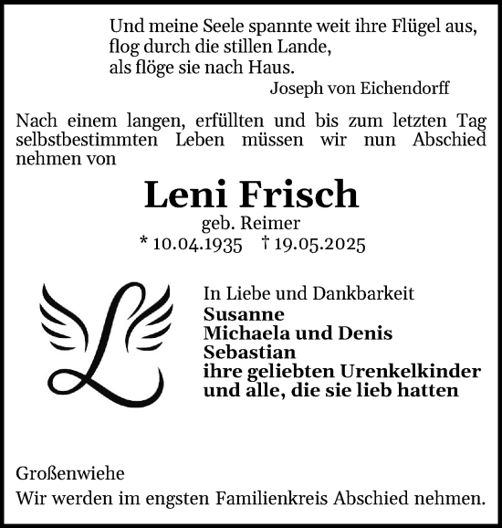 Traueranzeige von Leni Frisch von Flensburger Tageblatt