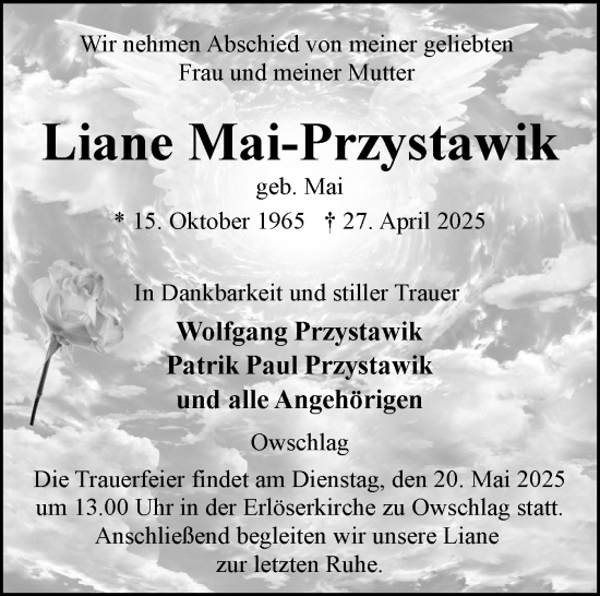 Traueranzeige von Liane Mai-Przystawik von Schleswig-Holsteinische Landeszeitung