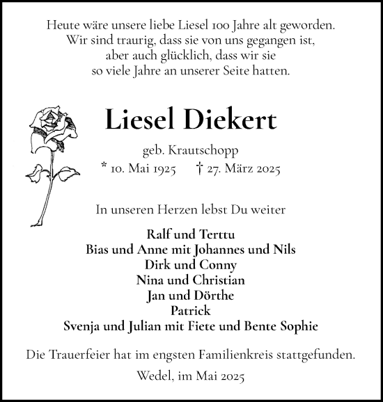 Traueranzeige von Liesel Diekert von Wedel-Schulauer Tageblatt, tip Wedel-Schulauer Tageblatt, tip Rissener Rundschau