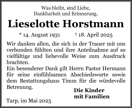 Traueranzeige von Lieselotte Horstmann von Flensburger Tageblatt