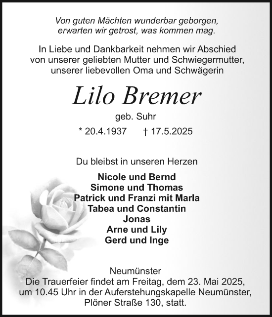 Traueranzeige von Lilo Bremer von Holsteinischer Courier