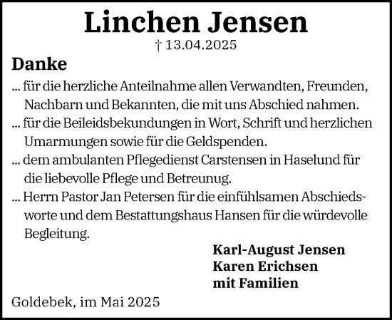 Traueranzeige von Linchen Jensen von Region Westküste