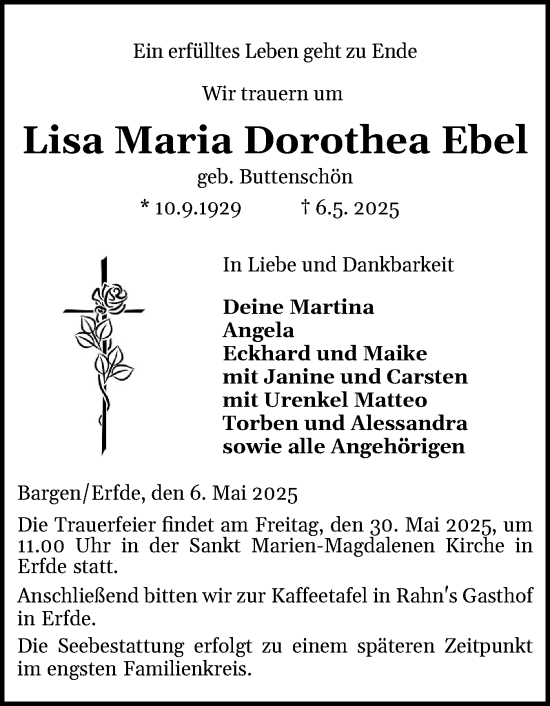 Traueranzeige von Lisa Maria Dorothea Ebel von Schleswig-Holsteinische Landeszeitung