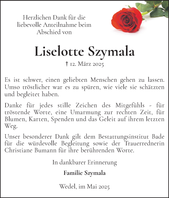 Traueranzeige von Liselotte Szymala von Wedel-Schulauer Tageblatt, tip Wedel-Schulauer Tageblatt, tip Rissener Rundschau