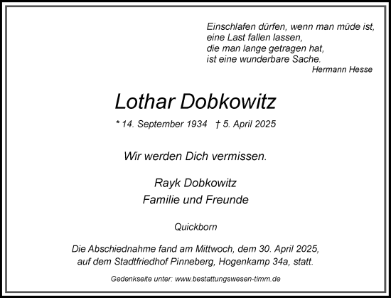 Traueranzeige von Lothar Dobkowitz von tip Gesamtausgabe