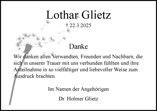 Traueranzeige von Lothar Glietz von MARKT Ratzeburg/Mölln