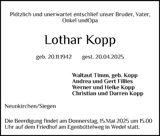 Traueranzeige von Lothar Kopp von Wedel-Schulauer Tageblatt, tip Wedel-Schulauer Tageblatt, tip Rissener Rundschau