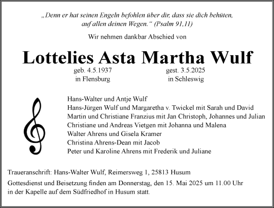 Traueranzeige von Lottelies Asta Martha Wulf von Schleswiger Nachrichten, Schlei-Bote