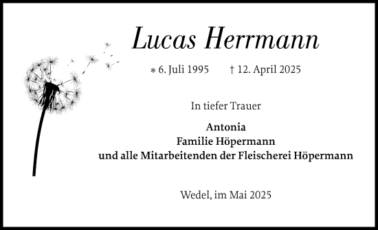 Traueranzeige von Lucas Herrmann von Wedel-Schulauer Tageblatt, tip Wedel-Schulauer Tageblatt, tip Rissener Rundschau
