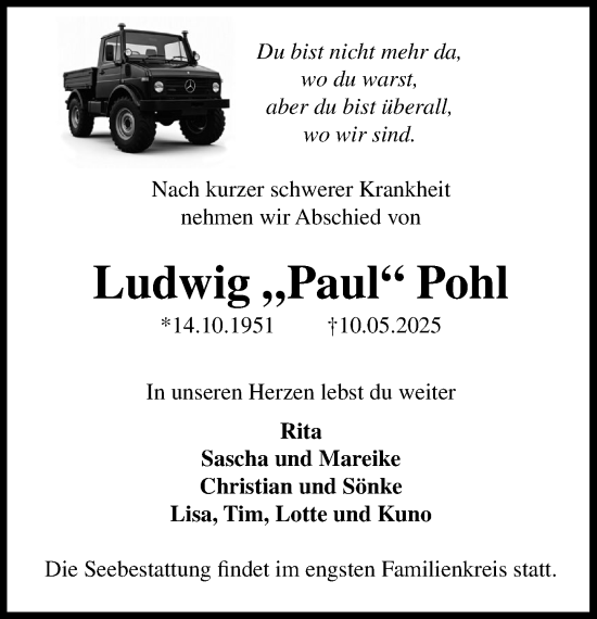 Traueranzeige von Ludwig  Pohl von MARKT Bad Oldesloe/Reinfeld und Stormarner Tageblatt