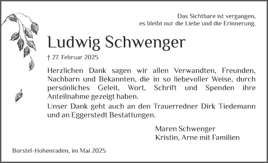 Traueranzeige von Ludwig Schwenger von Region Pinneberg und tip Pinneberg