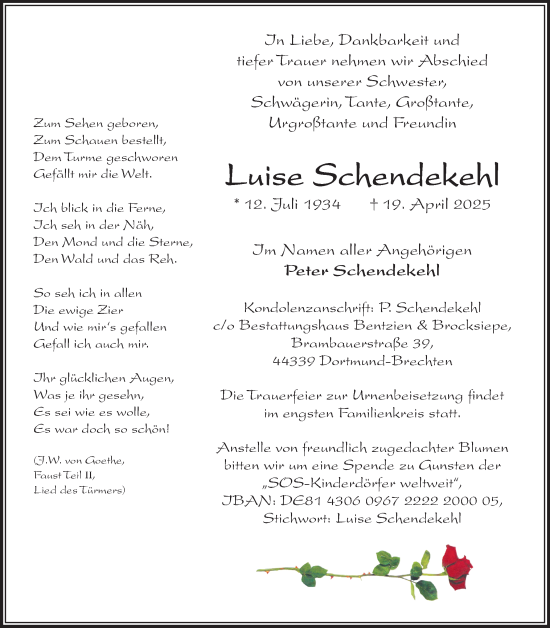 Traueranzeige von Luise Schendekehl von Flensburger Tageblatt