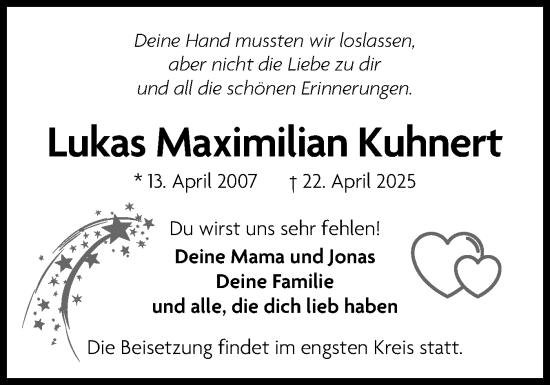Traueranzeige von Lukas Maximilian Kuhnert von Region Pinneberg und tip Pinneberg