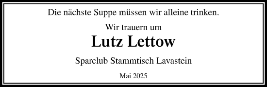 Traueranzeige von Lutz Lettow von MARKT Ratzeburg/Mölln