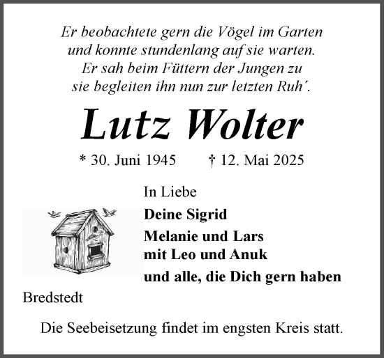 Traueranzeige von Lutz Wolter von Husumer Nachrichten, Nordfriesland Tageblatt