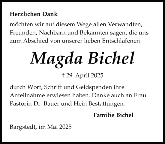 Traueranzeige von Magda Bichel von Schleswig-Holsteinische Landeszeitung