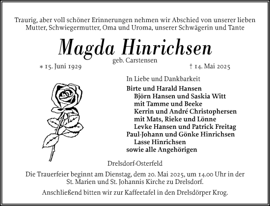 Traueranzeige von Magda Hinrichsen von Husumer Nachrichten, Nordfriesland Tageblatt