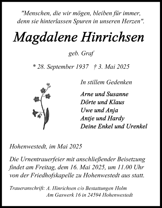 Traueranzeige von Magdalene Hinrichsen von Schleswig-Holsteinische Landeszeitung