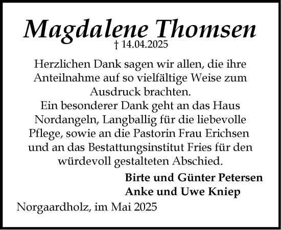 Traueranzeige von Magdalene Thomsen von Flensburger Tageblatt