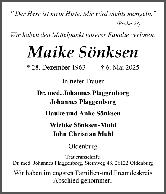 Traueranzeige von Maike Sönksen von Husumer Nachrichten, Nordfriesland Tageblatt