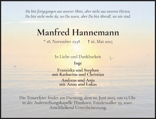 Traueranzeige von Manfred Hannemann von Elmshorner Nachrichten, Barmstedter Zeitung