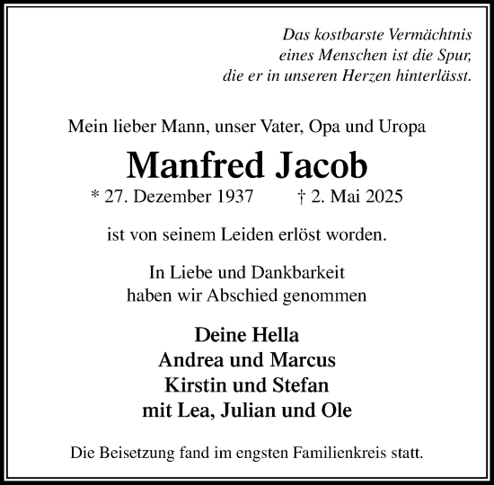 Traueranzeige von Manfred Jacob von MARKT Ahrensburg/Bargteheide/Trittau und Stormarner Tageblatt