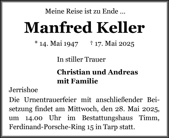 Traueranzeige von Manfred Keller von Flensburger Tageblatt