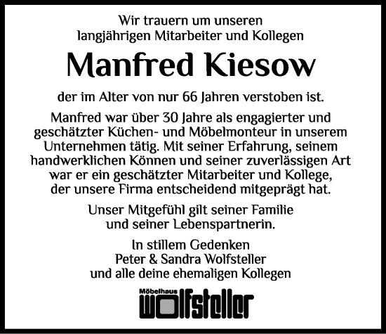 Traueranzeige von Manfred Kiesow von Norddeutsche Rundschau, Wilstersche Zeitung, Glückstädter Fortuna