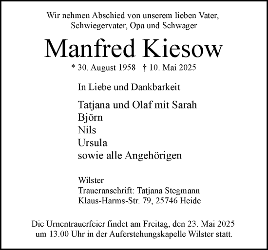 Traueranzeige von Manfred Kiesow von Norddeutsche Rundschau, Wilstersche Zeitung, Glückstädter Fortuna