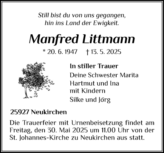 Traueranzeige von Manfred Littmann von Region Westküste