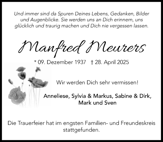 Traueranzeige von Manfred Meurers von MARKT Bad Oldesloe/Reinfeld, MARKT Ahrensburg/Bargteheide/Trittau und Stormarner Tageblatt