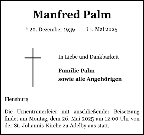 Traueranzeige von Manfred Palm von Flensburger Tageblatt