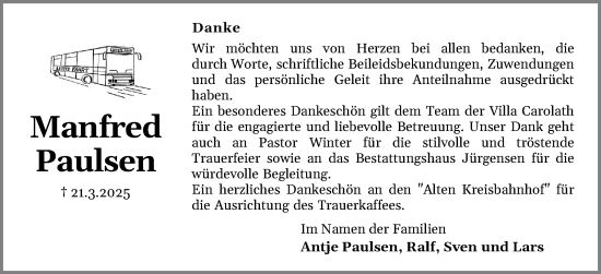 Traueranzeige von Manfred Paulsen von Schleswiger Nachrichten, Schlei-Bote