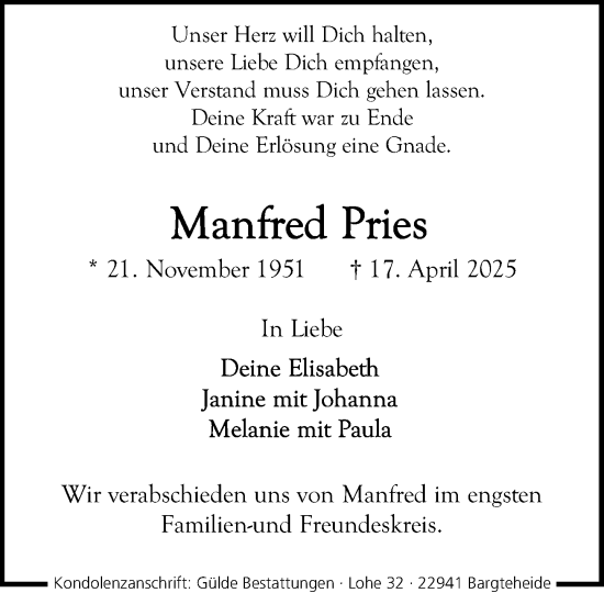 Traueranzeige von Manfred Pries von MARKT Ahrensburg/Bargteheide/Trittau und Stormarner Tageblatt