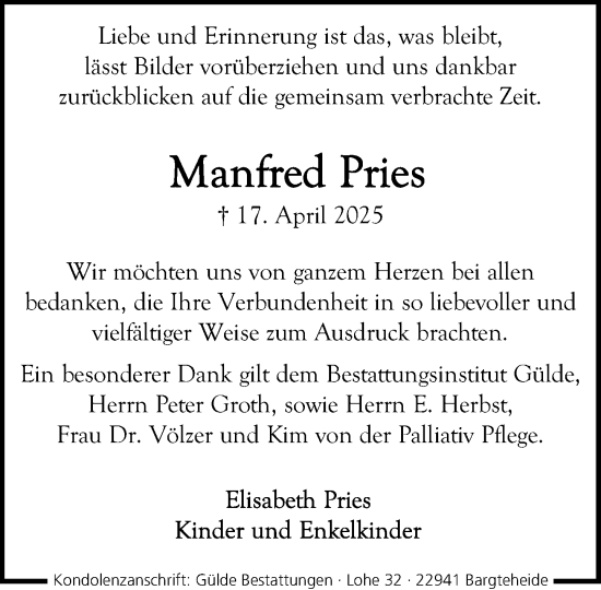 Traueranzeige von Manfred Pries von MARKT Ahrensburg/Bargteheide/Trittau und Stormarner Tageblatt