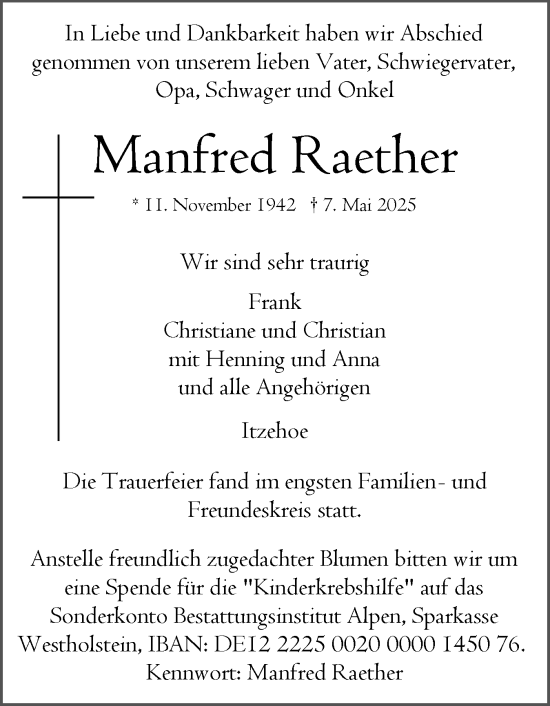 Traueranzeige von Manfred Raether von Norddeutsche Rundschau, Wilstersche Zeitung, Glückstädter Fortuna