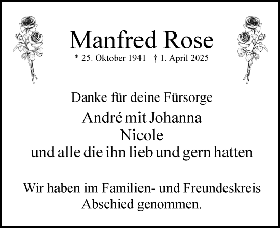 Traueranzeige von Manfred Rose von Uetersener Nachrichten, Der tip am Wochenende