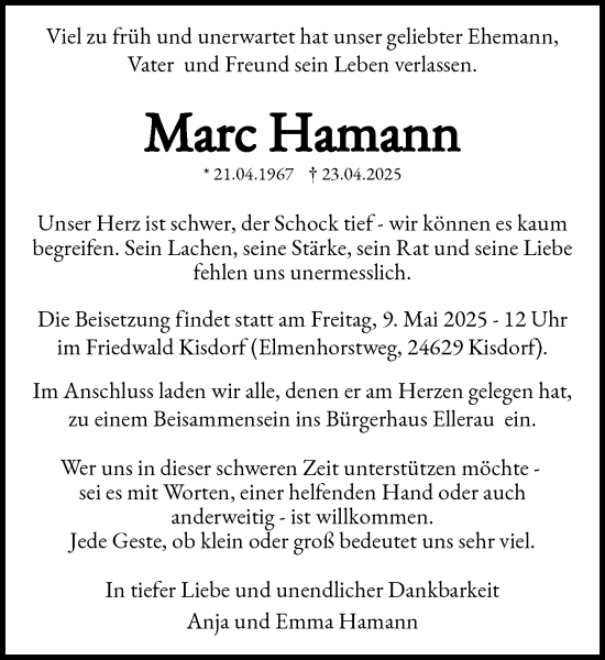 Traueranzeige von Marc Hamann von Umschau