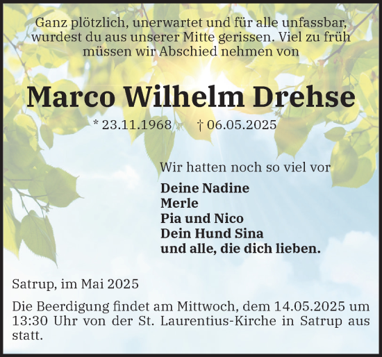 Traueranzeige von Marco Wilhelm Drehse von Flensburger Tageblatt