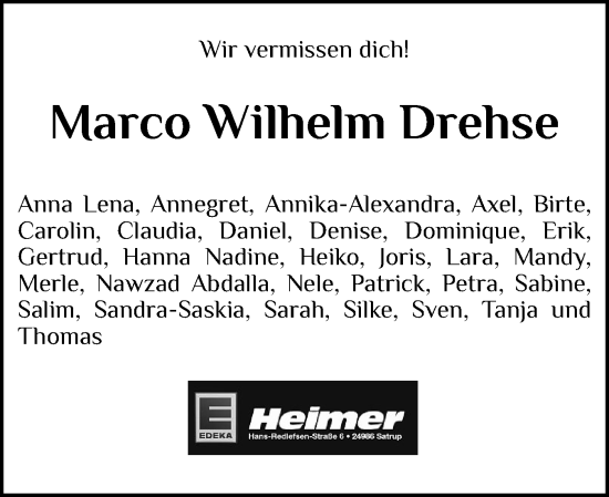 Traueranzeige von Marco Wilhelm Drehse von Flensburger Tageblatt