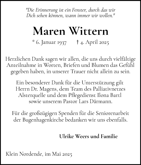 Traueranzeige von Maren Wittern von Elmshorner Nachrichten, Barmstedter Zeitung