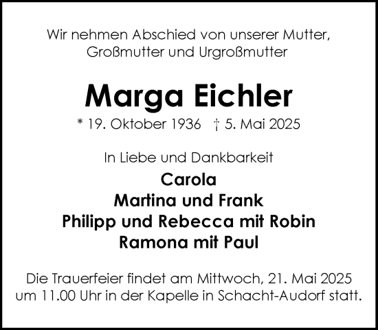 Traueranzeige von Marga Eichler von Schleswig-Holsteinische Landeszeitung